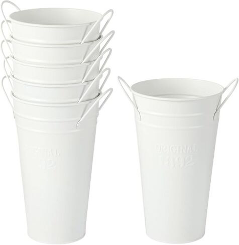 6 قطع من دلاء الزهور المعدنية البيضاء، مزهريات معدنية مجلفنة، مزهرية زهرة 7.9 بوصة مع مقابض، مزهريات مزرعة ريفية فرنسية لديكور المنزل قطعة مركزية لطاولة الزفاف in Kuwait