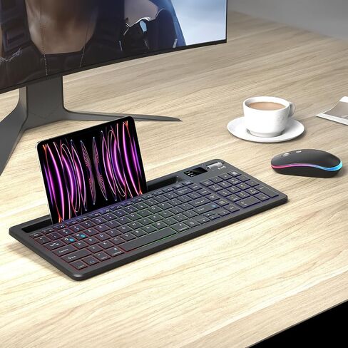 لوحة مفاتيح لاسلكية وماوس كومبو بإضاءة خلفية - لوحة مفاتيح MARVO WS511 رفيعة مطورة مع حامل للهاتف اللوحي، ماوس قابل لإعادة الشحن بدون تأخير 2.4 جيجا مع 4 نقطة في البوصة، متوافق مع ماك بوك، ويندوز in Kuwait