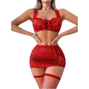 Women's 5 Piece Lace Up Babydoll Lingerie Skirts Sets Sheer Bra and Panty Sets with Fishnet Stockings