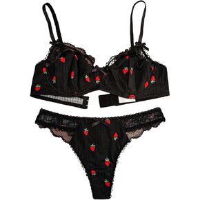 Floerns Women's 2 Piece Lingerie Strawberry Print Lace Trim Bow Bra and Panty Sets