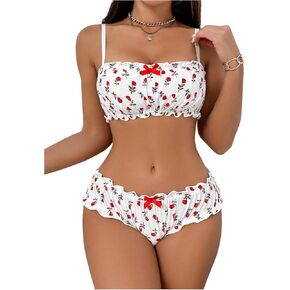 WDIRARA Women's 2 Piece Floral Bowknot Ruffle Trim Lingerie Set Bra and Panty Sets