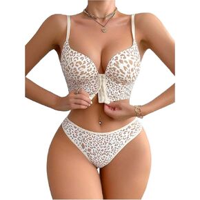 SweatyRocks Women's 2 Piece Leopard Print Lingerie Set Front Closure Push Up Bra and Panty Set Nightwear