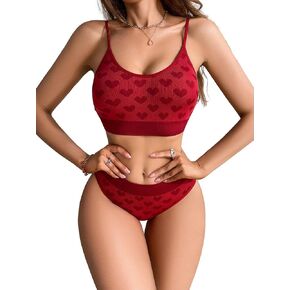 Floerns Women's 2 Piece Heart Print Wireless Bra and Low Waist Panty Lingerie Set