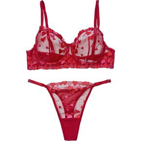 Women Lace Lingerie Set, Underwire, Heart Embroidered Underwear, Sheer Bra and Panty Sets