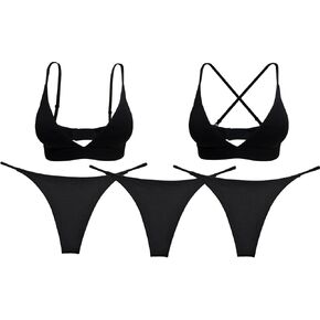 KUKU PANDA Womens Matching Bra and Panty Thongs Sets Sexy Underwear Black
