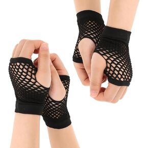 2Pairs Black Nylon Fingerless Fishnet Gloves Short Fishnet Gloves Women 80s Short Stretch Fishnets Glove Wrist Stretch Mesh Glove Halloween Costume Accessories