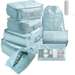 9 Set Packing Cubes for Suitcases, Aydicon Travel Luggage Packing Organizers with Laundry, Toiletry Bag, Compression Storage Shoe Bag, Toothbrush Case, Travel Essentials (Light Blue)