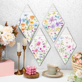 Yerliker 4 Pcs Spring Decoration for Home Spring Wooden Hanging Wall Decor Wildflower Watercolor Flower Wall Art Kit Diamond Frame Home Decor Indoor for Farmhouse Dining Room Bathroom Porch