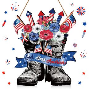 Capoda 4th of July Welcome Door Sign Patriotic Decorations Wooden Independence Day Freedom Boots Hanging Sign for Patriotic Memorial Day Labor Day Thank You Party Door Wall Decor