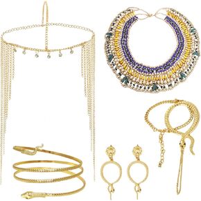 Heliltd 5pcs إكسسوارات الأزياء المصرية تشمل شرابة الرأس المصري للنساء أقراط قلادة أذرع الأفعى الذهبية لحفلة تأثيري