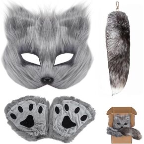 Furry Fox Cat Mask & Tail Set - Therian Paws Halloween Costume for Adults