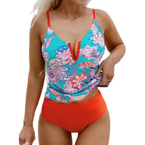 CUPSHE Women's Tankini Sets Two Piece Swimsuit V Wire Neck Crisscross Back Self Tie Full Coverage Adjustable Straps
