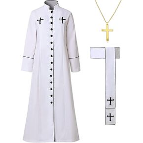 Men's Priest Costume Pastor Robe Roman Cassock with Stand Collar Belt Necklace Uniform