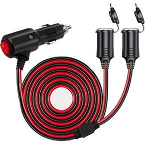 DC 12V/24V 1 to 2 Car Cigarette Lighter Splitter Power Charger Adapter, 3.3FT 2-Way Cigarette Lighter Extension Cord 16AGW ON/OFF Switch，1 Male Plug to 2 Female Socket Port Extension Cable 2*15A Fuse