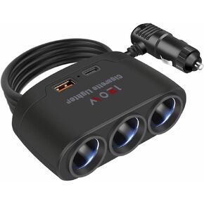 5 in 1 Car Cigarette Lighter Splitter Adapter, Car Charger Adapter with 120w Charge(23.6in Cable), 24V/ 12V Cigarette Lighter Splitter for All Car Devices