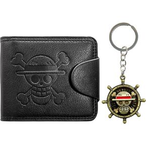 OP Bifold Wallet for Men, Straw Hat Luffy Skull Wallet and Keychain, Anime Fan Stylish Merch Gifts Dark Brown