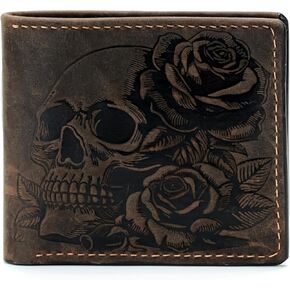 Leather skull wallet, bifold handmade skull art wallet, leather gift ideas for him, ID card minimalist wallet (T-rex skeleton)