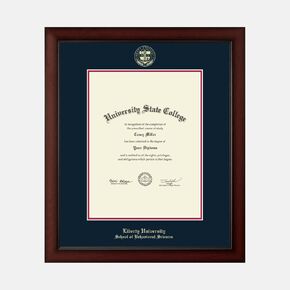 Liberty University School of Behavioral Sciences 13" W X 17" H Diploma Frame - Fits a Master's and Phd - Gold Embossed Diploma Frame - Cherry Moulding with Navy and Red Matting