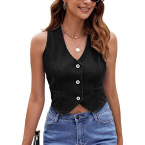 Viatabuna Denim Vest Top for Women Sleeveless V Neck Button Down Jean Waistcoat Y2k Denim Crop Top Streetwear