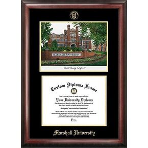 Campus Images Marshall University Double Diploma Frame – Two 8.5x11 Openings with Campus Lithograph, Satin Mahogany Finish with Gold Embossed Seal