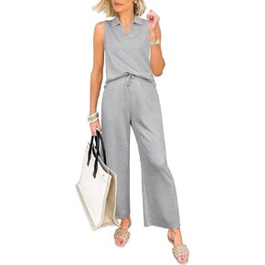 ANRABESS Two Piece Sets for Women Summer Outfits Lounge Sets Polo Tank Tops Wide Leg Crop Pants Vacation Travel Outfits