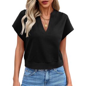 Fisoew Womens Cropped Tops Summer V Neck Cap Sleeve Casual Loose Fit T Shirts