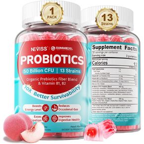 probiotic + prebiotic gummies للبالغين والأطفال 4+ (صنع في الولايات المتحدة الأمريكية) ، خالية من السكر مضغ 50 مليار وحدات معقوبة مع الألياف ، فيتامين B1 B2 D3 & Zinc ، من أجل هضمي وصحة الأمعاء ، تعزيز تنوع microflora ، 60 cts