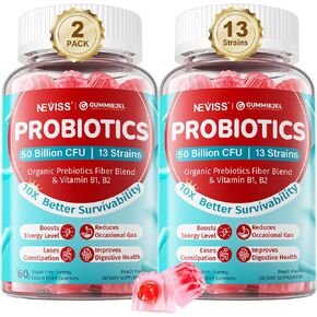Probiotic + Prebiotic Gummies for Adults & Kids 4+ (Made in USA), Sugar Free Chewable 50 Billion CFUs w/Fiber, Vitamin B1 B2 D3 & Zinc, for Digestive & Gut Health, Boost Microflora Diversity, 60 Cts in Saudi Arabia