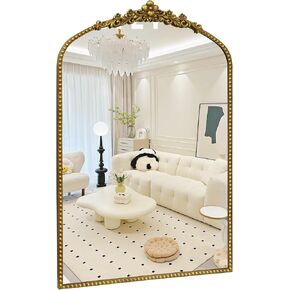Arch Wall Mirror, 24"x 36" Antique Mirror Baroque Style Metal Beaded Frame Large Wall Mirror,Vintage Gold