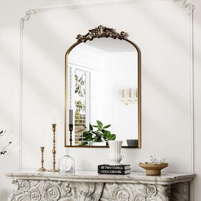 Traditional Vintage Gold Mirror, Antique Arched Mirror, Bronze Decor Wall Mirrors, Large Baroque Mirror with Aluminum Frame, Ornate Mirrors for Bathroom, Living Room, Fireplace (30"x22")