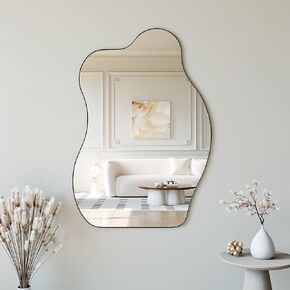Koonmi Irregular Wall Mirror, 22" x 32" Asymmetrical Mirror MDF Frame, Wall Mirrors for Bathroom, Cloud Wavy Mirror for Bedroom Entryway Living Room, Decorative Modern Wall