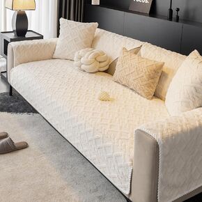 Geometric Jacquard Plush Sofa Cover,Non Slip Sectional Couch Cover,Warm Faux Fur Couch Cover(White,36"x70"/3-Seater Sofa Cover)