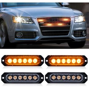 Amber Strobe Light 6 LED 4 Pack Waterproof Amber Flashing Emergency Warning Light Bar Side Warming Light Amber Beacon Strobe Light for Trucks Car Vehicle (6LED Amber)
