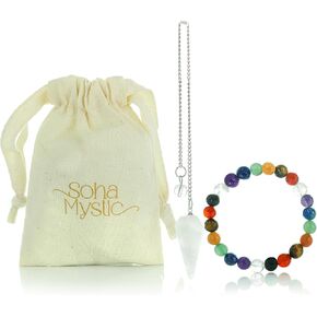 Pendulum & Chakra Healing Crystals Set - Quartz Crystal Pendulum for Divination - Crystals and Healing Stones - Meditation Accessories - Chakra Stones - Reiki Supplies - 8mm Bead Chakra Bracelets