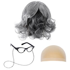 5 Pieces Old Lady Costume Old Lady Wig and Accessories 100 Days of School Old Lady Wig Glasses Glasses Chain for Halloween Party