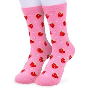 1 Pair Strawberry Pink Socks Mid Calf for Women Size 6-9 Strawberry Gift Accessory Stuff