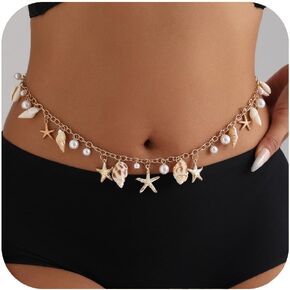 Pearl Shell Waist Chains for Women Starfish Conch Belly Chain Beach Bikini Body Chain Belly Belt Body Chains Waterproof Adjustable Sexy Beach Bikini Body Jewelry