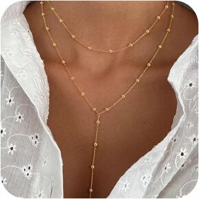 Lariat Gold Necklace for Women Long 14k Gold Plated Y-Shaped Body Bead Chain Choker Necklace Pendant Charm Layered Necklaces Non Tarnish Trendy Gold Jewelry for Women