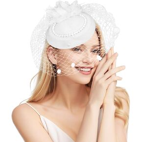 Fumwase Tea Party Hats 20s 50s Fincinators Tea Party Hats مع حجاب شبك الريش لحفل أزياء الزفاف في عيد الهالوين