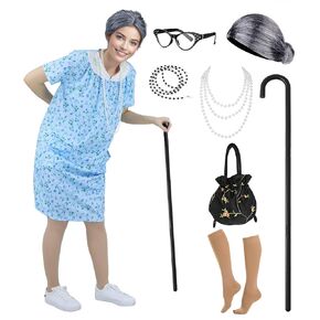 9pcs Old Lady Costume for Women Adult Grandma Dress Costume for 100 Days of School Costume Accessories