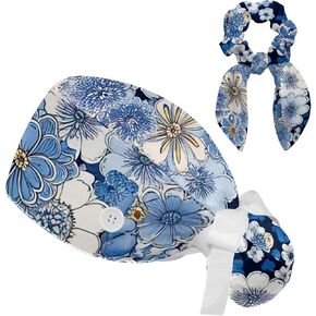 Scrub Caps Women, Surgical Caps with Ponytail Pouch and Buttons, Nurse Bouffant Adjustable, Blue Florals Japanese Flower