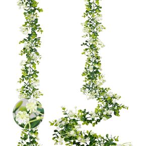 6FT Eucalyptus Garland with Flowers, 4 Pack Greenery Hanging Faux Eucalyptus Garland Suitable for Table Wedding Backdrop Arch Wall Party Spring UV Protected Indoor Outdoor Decorations in Kuwait