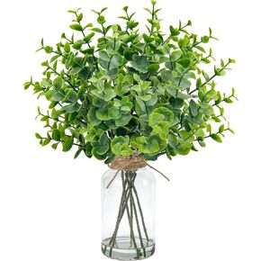 Der Rose 14.5" Fake Plants for Black Bathroom Decor Artificial Eucalyptus Stems in Black Glass Vase with Faux Water for Office Desk Accessories Home Wedding Decor