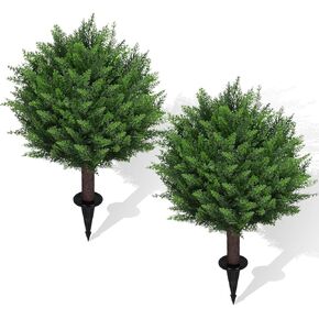 Artificial Set of 2 Cedar Topiary Ball Trees 16.5" for Outdoors with Ground Spike, UV Resistant Faux Cypress Plants into Anywhere, Evergreen Shrubs Bushes for Room Front Porch Garden Backyard Decor