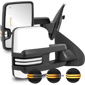 2PCS Painted White Towing Mirrors Power Heated Compatible for 1999-2002 Chevy Silverado Suburban Tahoe GMC Serria Yukon w/Sequential Turn light, Clearance Lamp, White Running Light