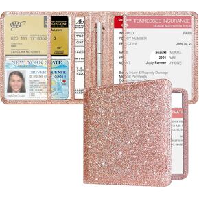 RSAquar Car Registration and Insurance Holder, Vehicle Glove Box Car Organizer Men Women Wallet Accessories Case for Cards, Essential Document, Driver License, Rose Gold Glitter