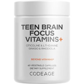 Codeage Teen Brain Focus Vitamins+ Citicoline Cognizin, L-Theanine, Ginkgo, Rhodiola, Lavender, Magnesium, Vitamin B6, B12, Folate - 2-Month Supply - 12-18 Years - Liposomal Supplement - 60 Capsules