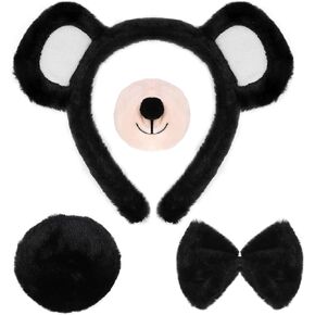 4 PCS Bear Costume Accessories Set Bear Ears Headband Tail Nose Bowtie Animal Costumes for Women Halloween Christmas Cosplay Birthday Costumes for Women Black