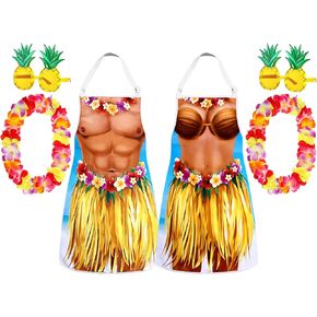 4 Pcs Funny Hawaiian Aprons Bikini Bandana Headband Retro Sunglasses Couple Aprons for Summer Party Men Women