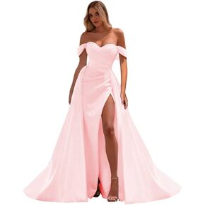 Off The Shoulder Prom Dresses Long Ball Gown with Slit Mermaid Pleaed Satin Formal Party Dress